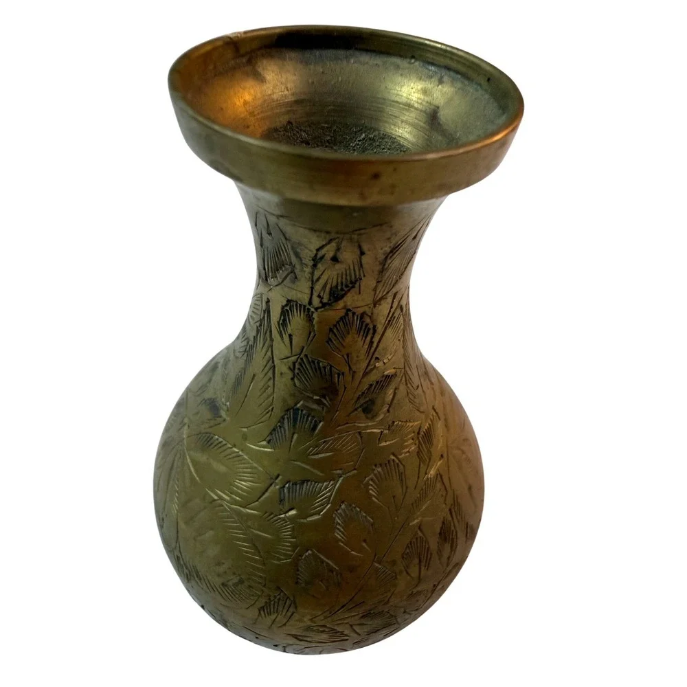 Vintage‎ Etched Brass Bud Vase Hand Engraved Floral Boho Hollywood Regency Decor